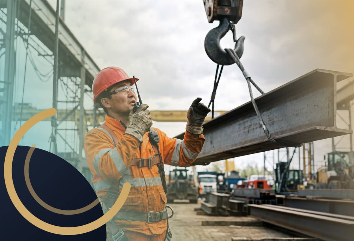 Rigger with a radio guiding a steel beam on a crane hook
